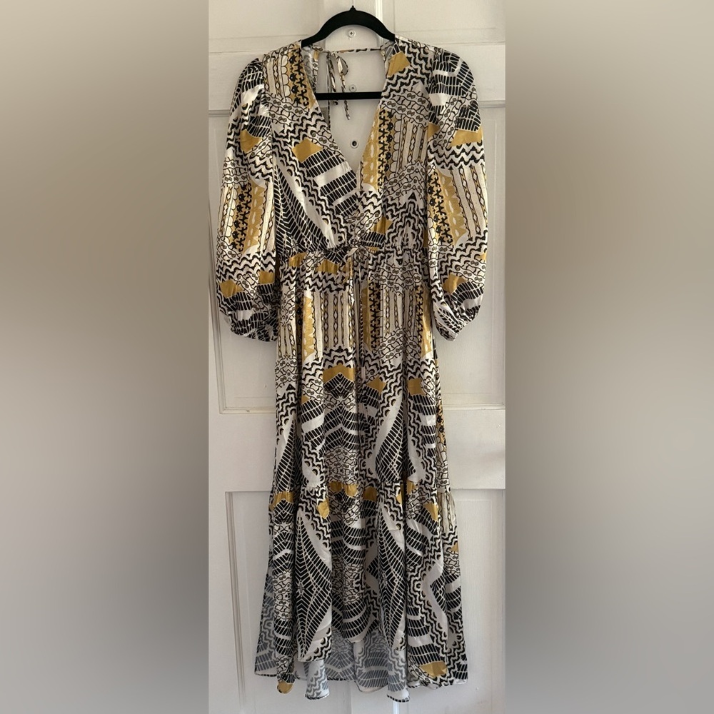Melloday Print Tie Back Tiered Midi Dress Size S Boho Long Sleeve - Picture 6 of 8